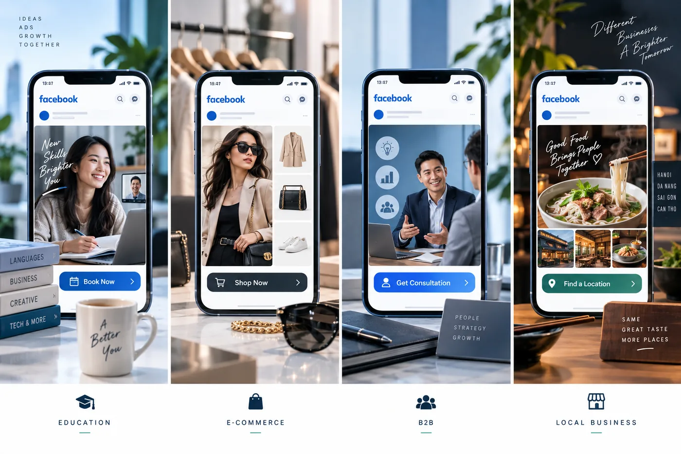 Bốn mẫu quảng cáo Facebook minh họa cho giáo dục, thời trang, doanh nghiệp B2B và cửa hàng địa phương