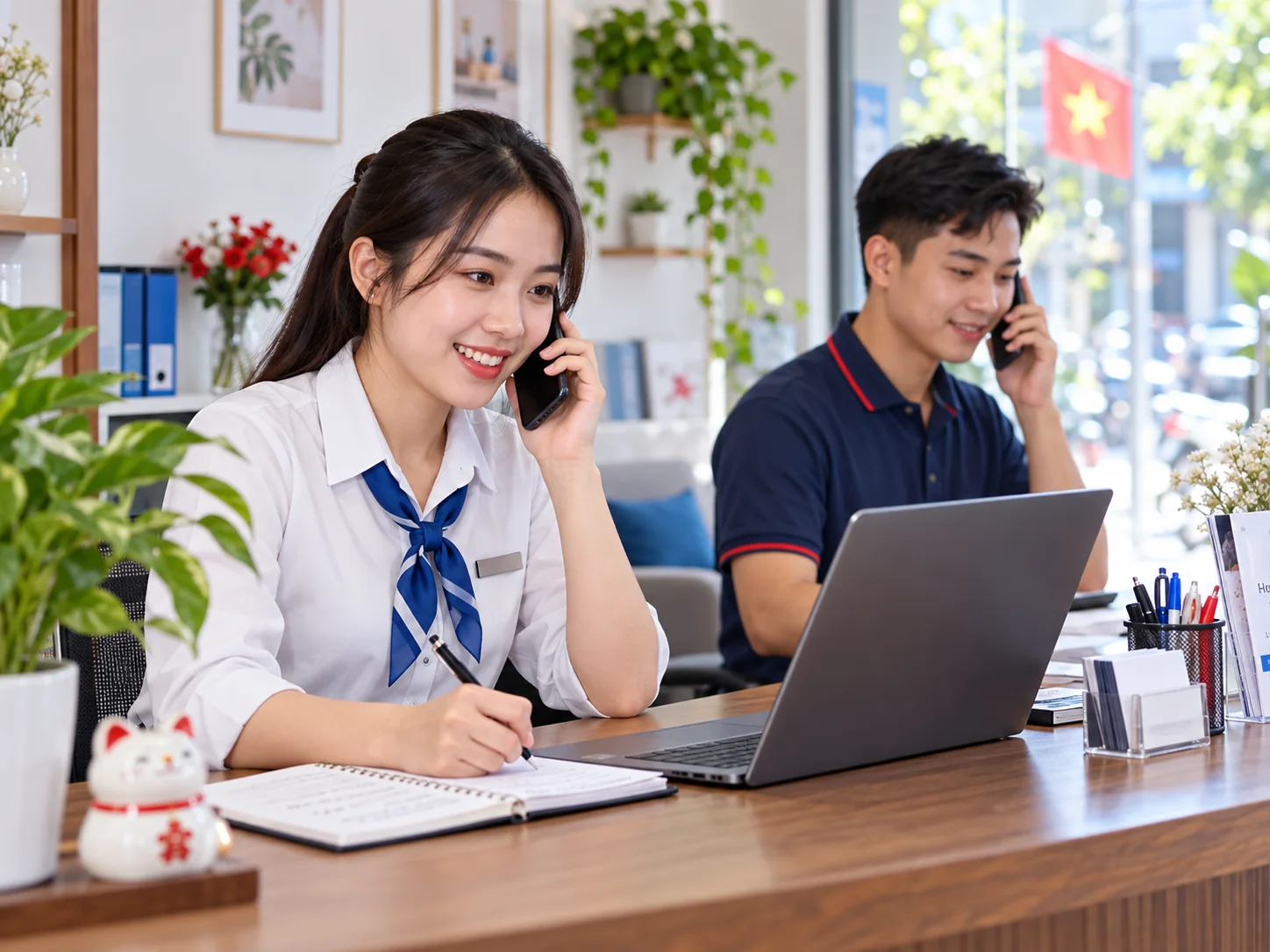 Nhân viên tiếp nhận cuộc gọi và ghi thông tin khách tại quầy dịch vụ