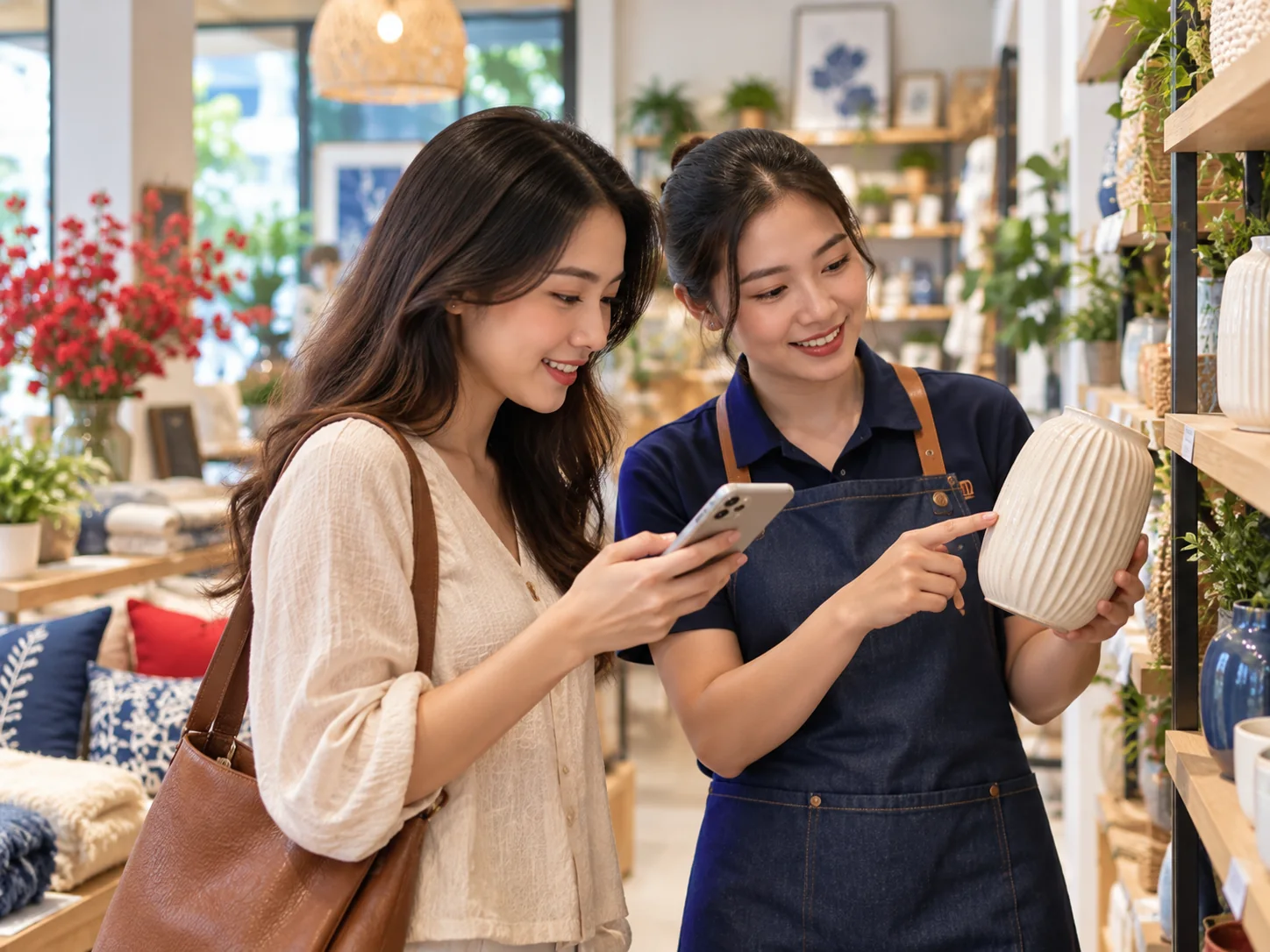 Khách xem thông tin trên điện thoại rồi trao đổi sản phẩm với nhân viên cửa hàng