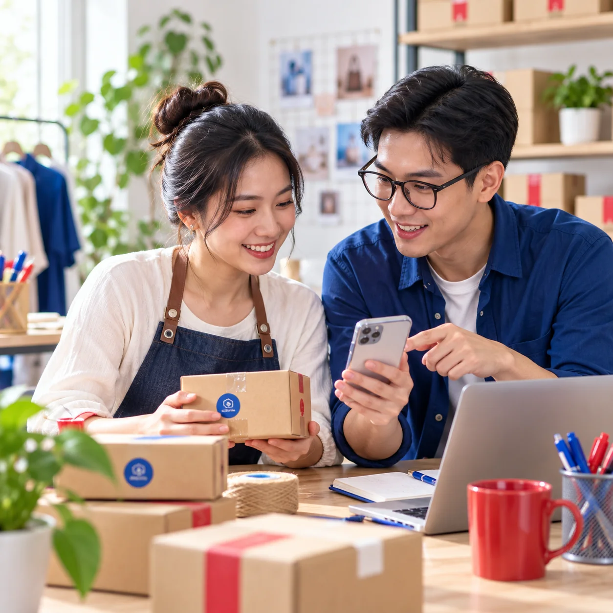Chủ cửa hàng và nhân sự marketing xem quảng cáo trên điện thoại cạnh đơn hàng