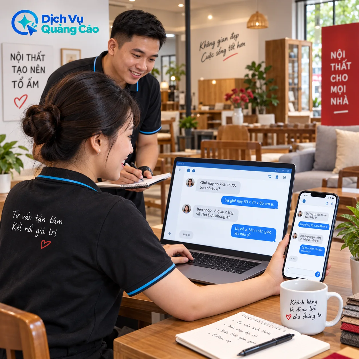 Nhân viên cửa hàng trao đổi hai chiều với khách qua tin nhắn về kích thước và giao hàng