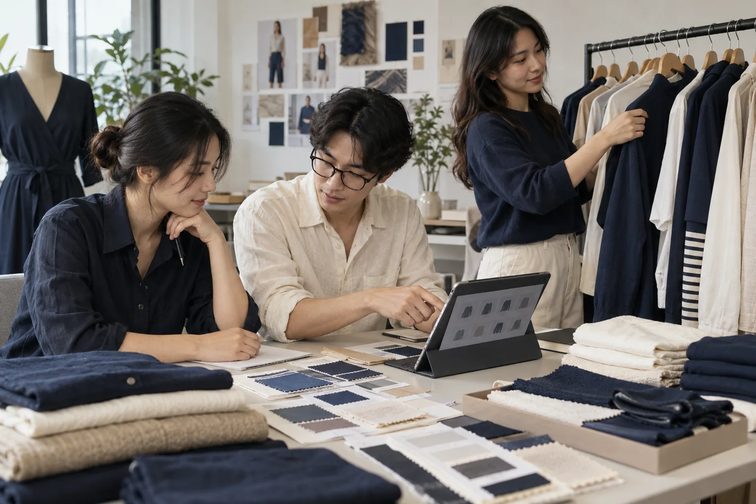 Đội ngũ sắp xếp sản phẩm và mẫu vải để chuẩn bị danh mục quảng cáo bộ sưu tập thời trang