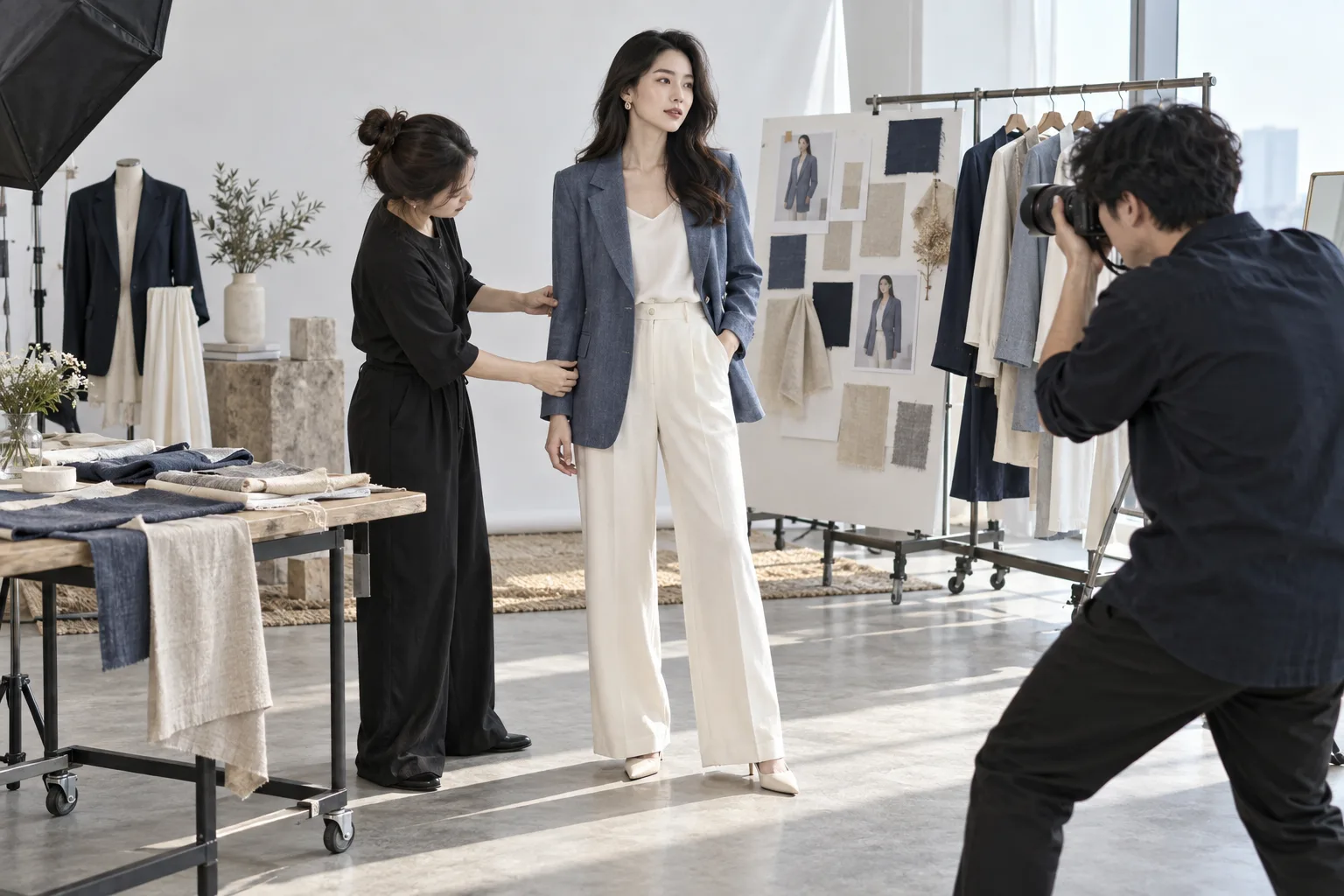 Stylist và nhiếp ảnh gia tạo nội dung quảng cáo thời trang với người mẫu