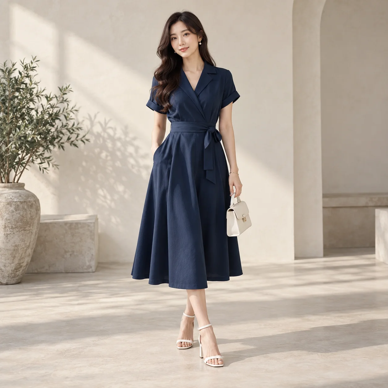 Mẫu đầm xanh navy trong thẻ đầu quảng cáo carousel thời trang