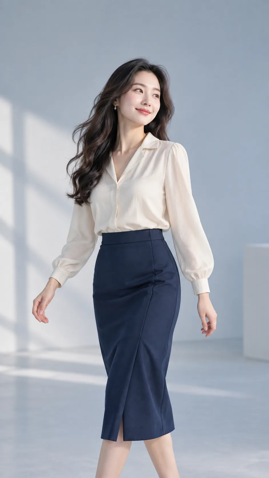 Người mẫu mặc áo kem và chân váy xanh trong ảnh dọc minh họa Instagram Story thời trang