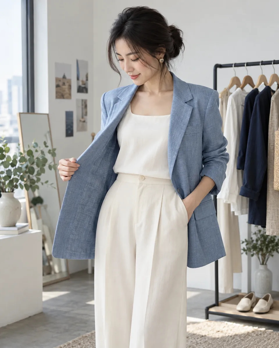 Người mẫu mặc blazer xanh nhạt minh họa Instagram Reels Ads thời trang