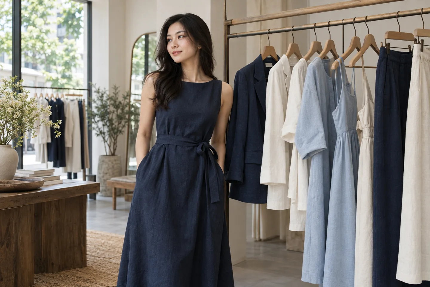 Người mẫu trong cửa hàng với bộ sưu tập váy và áo linen không gắn thương hiệu
