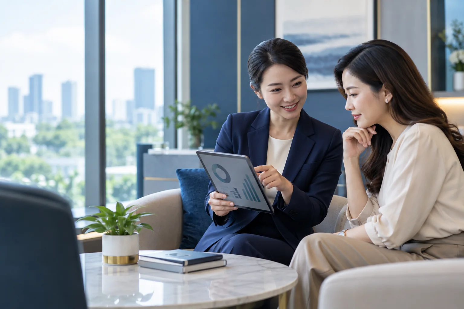 Nhân viên tư vấn giải thích sản phẩm tài chính cho khách hàng bằng máy tính bảng