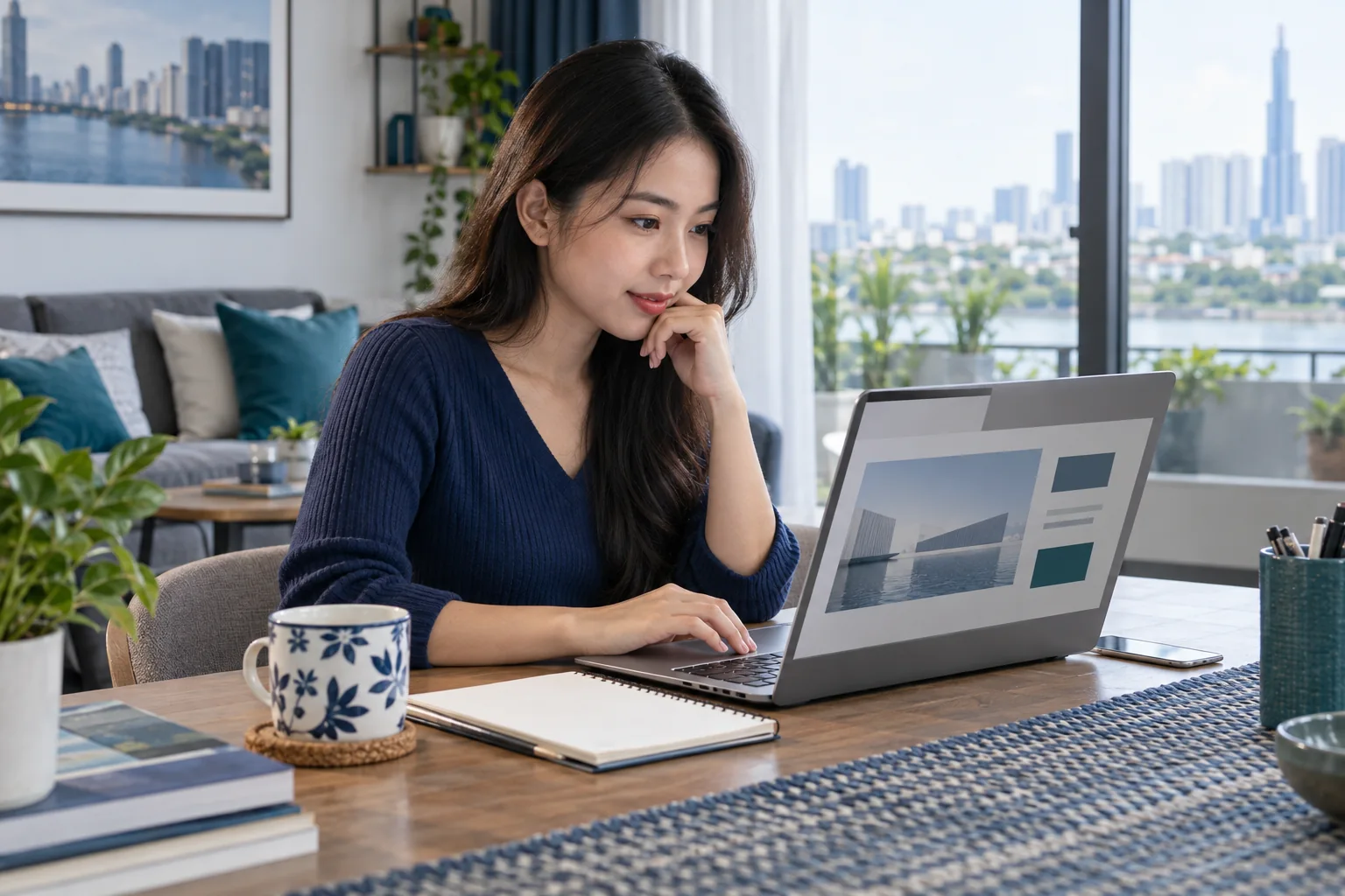 Khách hàng tìm hiểu dịch vụ ngân hàng trên trang web bằng máy tính xách tay