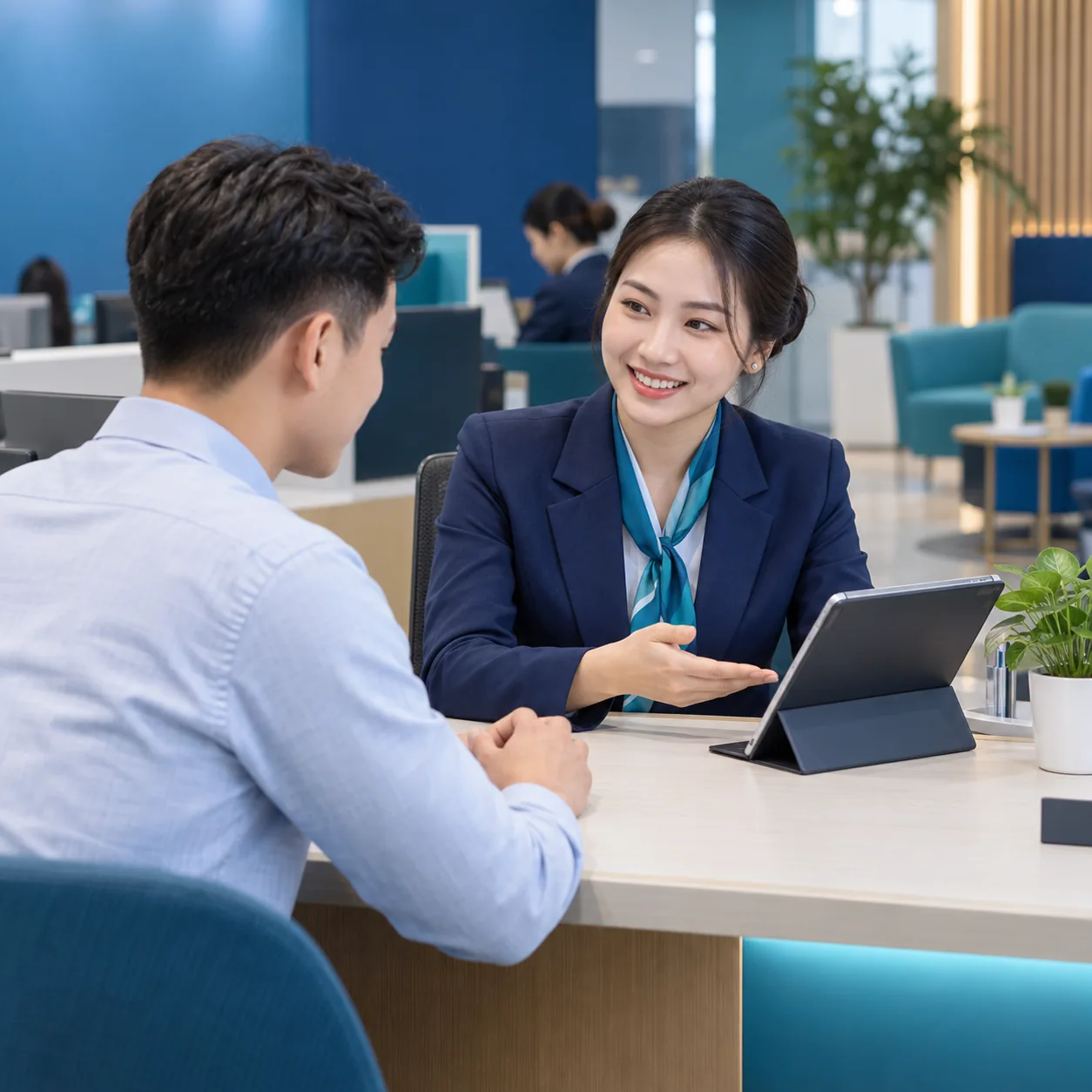 Mẫu quảng cáo Feed minh họa chuyên viên tư vấn giải thích quy trình mở tài khoản