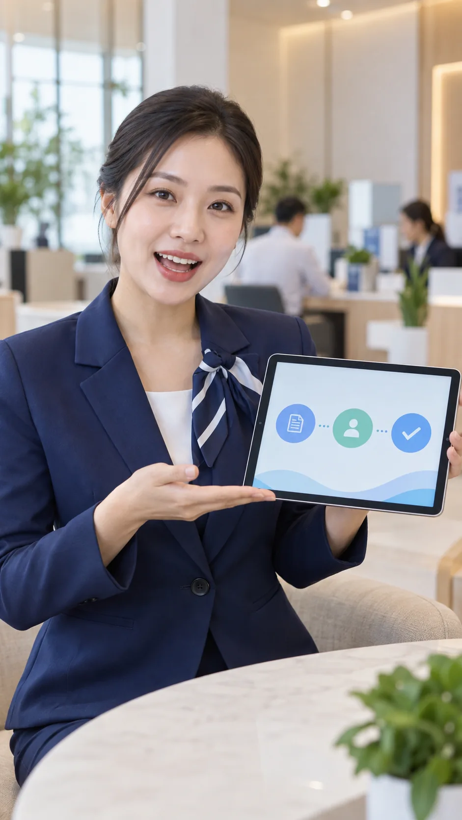 Chuyên viên ngân hàng trình bày quy trình trên máy tính bảng trong khung video dọc