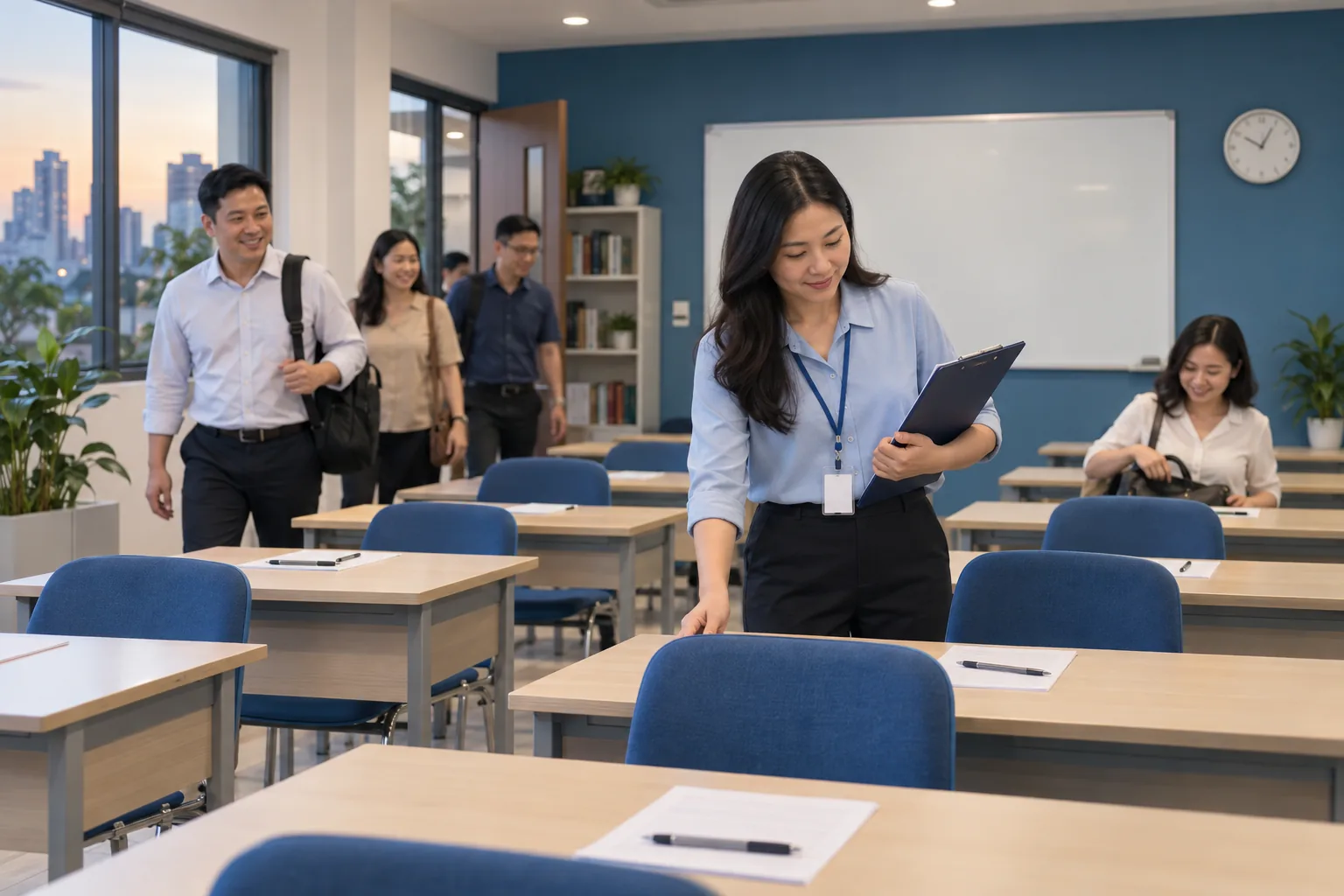 Nhân sự kiểm tra sức chứa lớp học trước buổi học