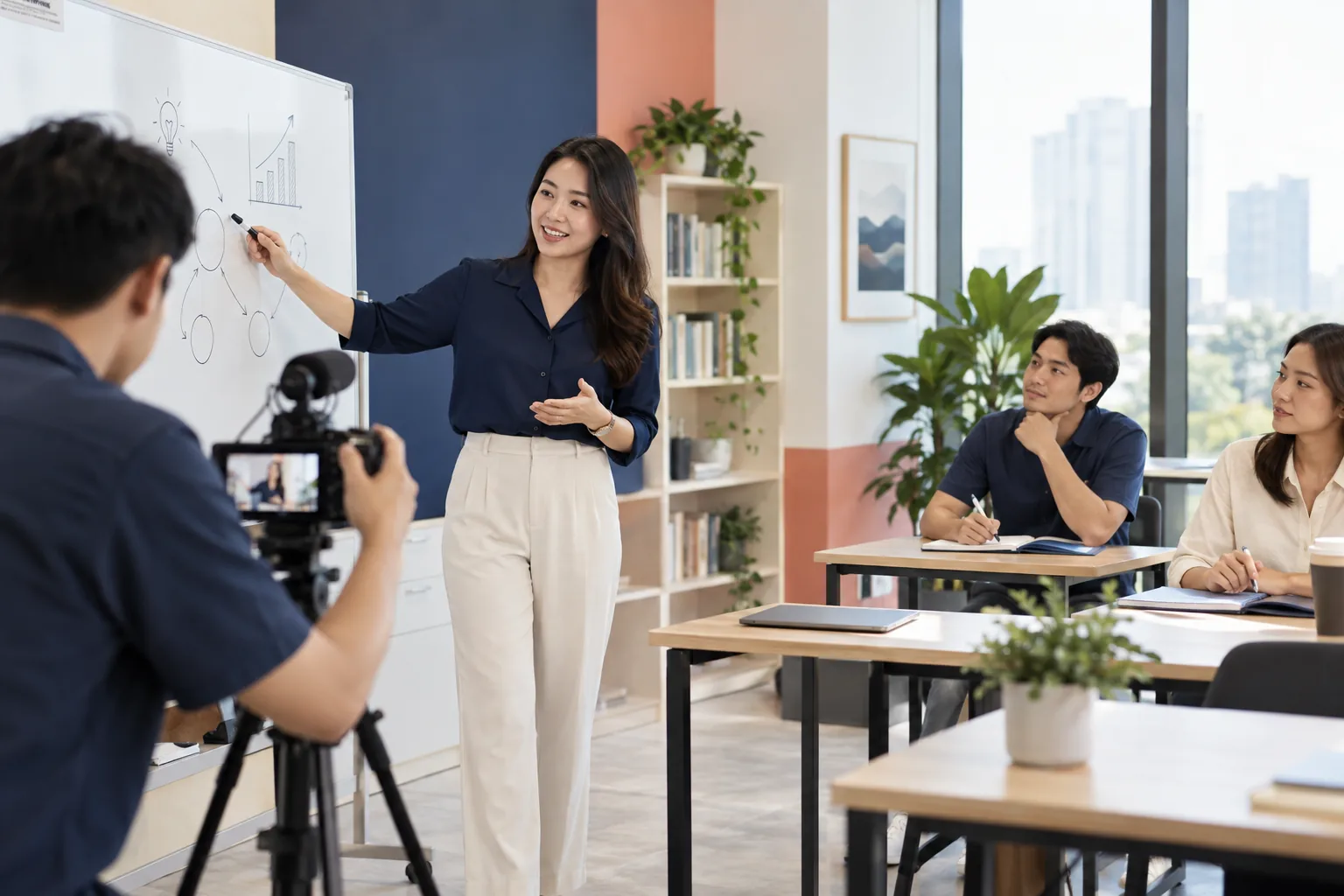 Giảng viên và học viên trong không gian học, dùng cho mô phỏng video YouTube