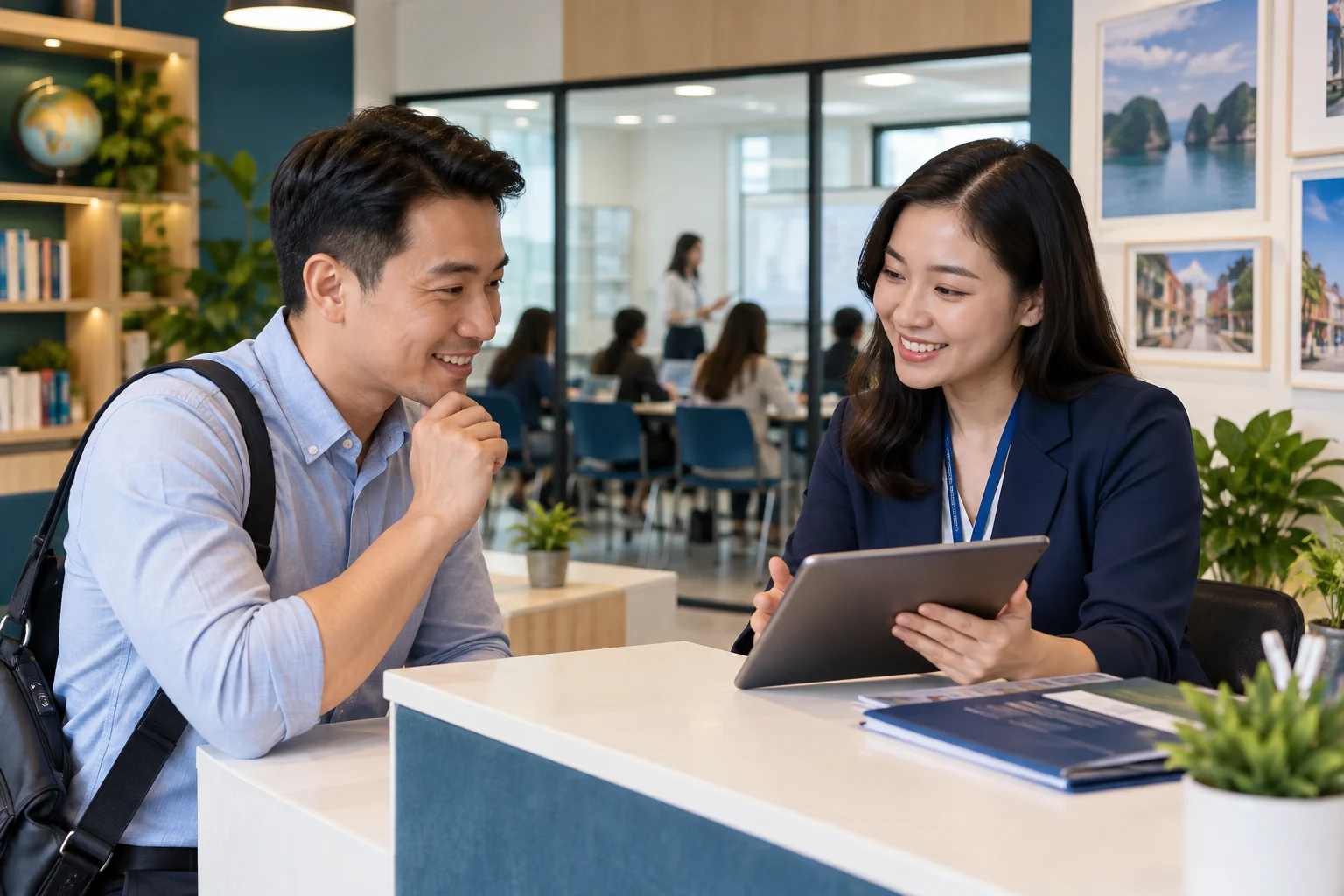 Tư vấn viên trao đổi lịch khóa học với học viên người lớn, ảnh minh họa hành trình tuyển sinh