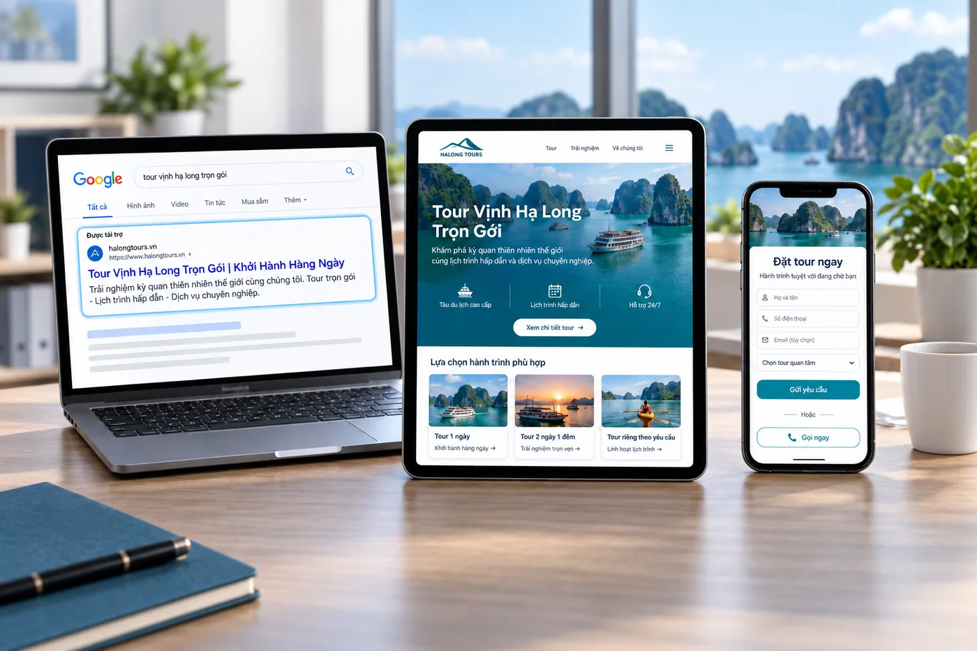 Mô phỏng hành trình từ quảng cáo Google Search đến trang đích và biểu mẫu đặt tour