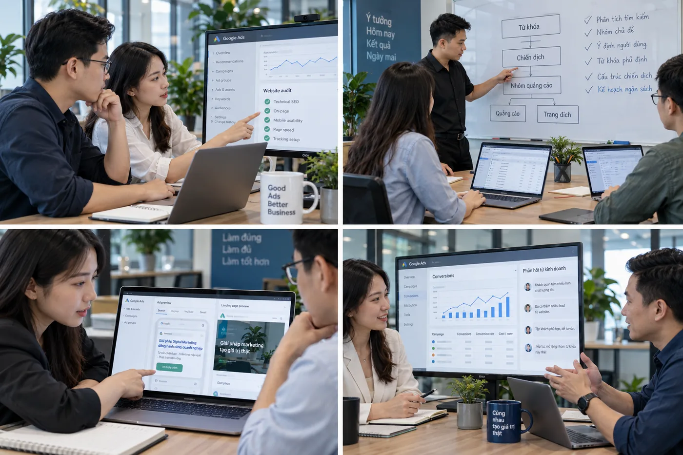 Bốn giai đoạn dịch vụ Google Ads gồm rà tài khoản, lập kế hoạch, kiểm tra trước chạy và đối soát