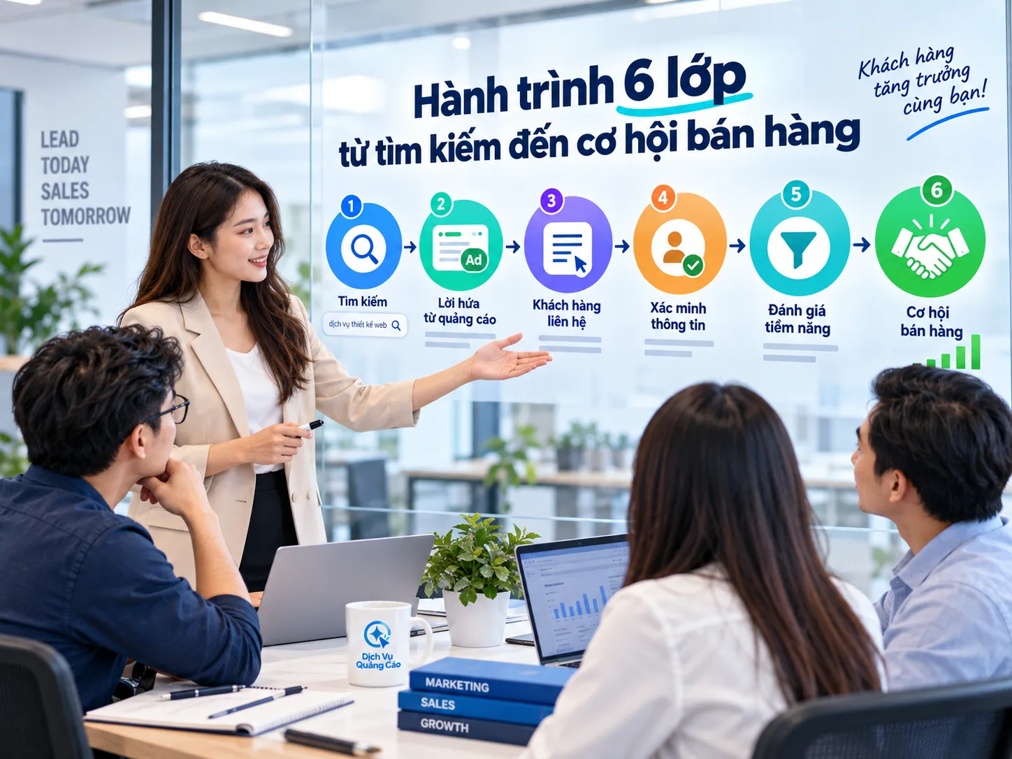Sơ đồ sáu bước từ tìm kiếm, quảng cáo, liên hệ, xác minh, sàng lọc đến cơ hội bán hàng