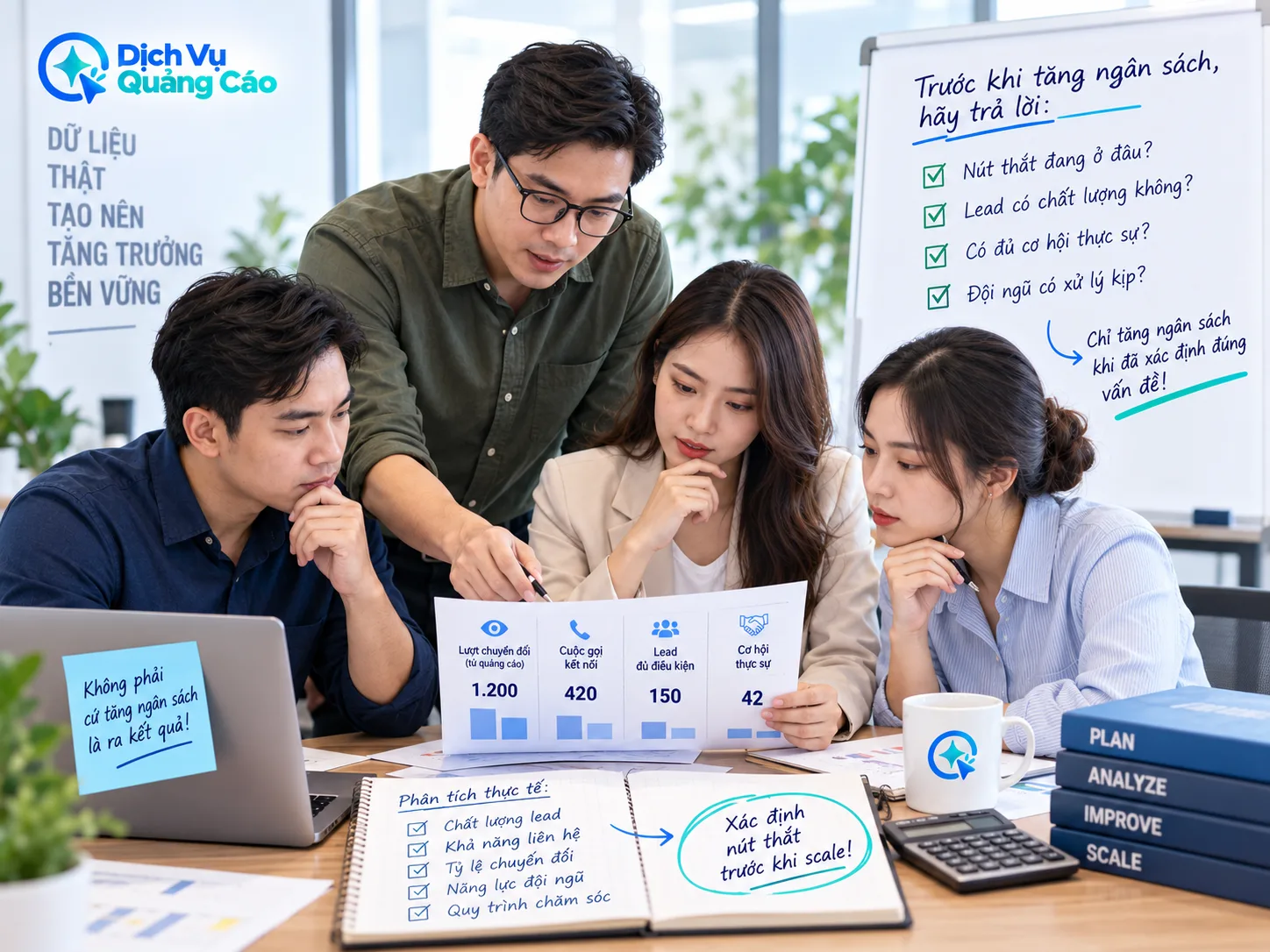 Nhóm marketing rà soát lượt chuyển đổi, cuộc gọi kết nối, khách đủ điều kiện và cơ hội trước khi tăng ngân sách