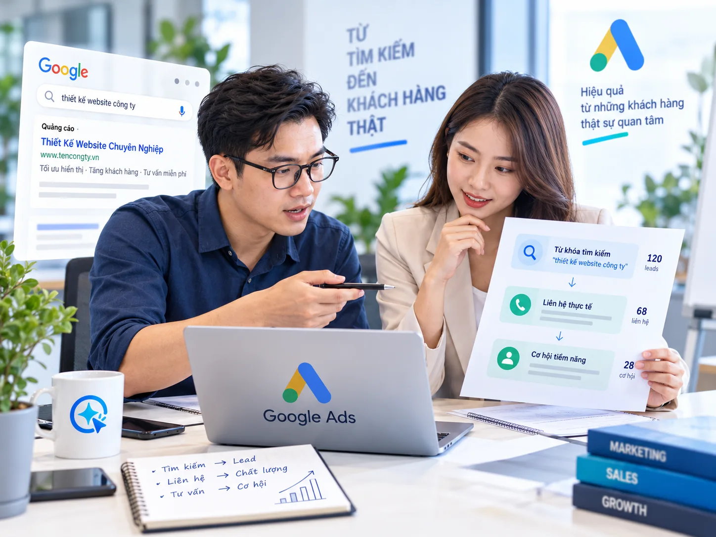 Nhóm tư vấn đối chiếu lượt tìm kiếm Google Ads với liên hệ và cơ hội tiềm năng