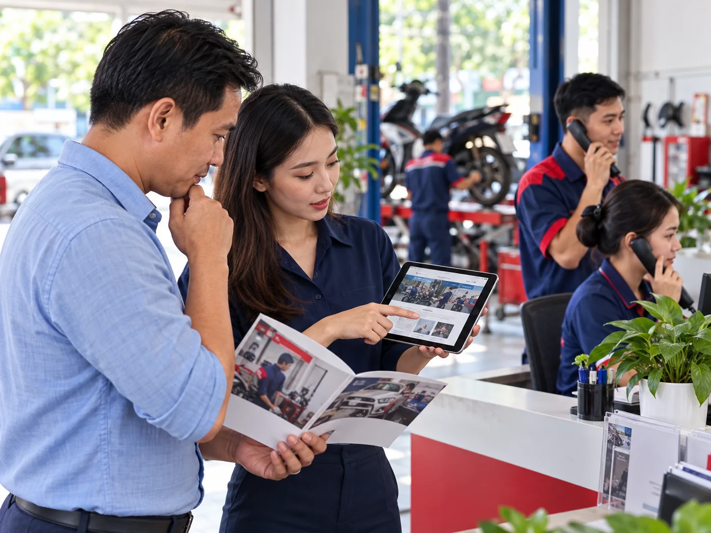 Chủ cơ sở và nhân sự marketing kiểm tra trang dịch vụ trên máy tính bảng