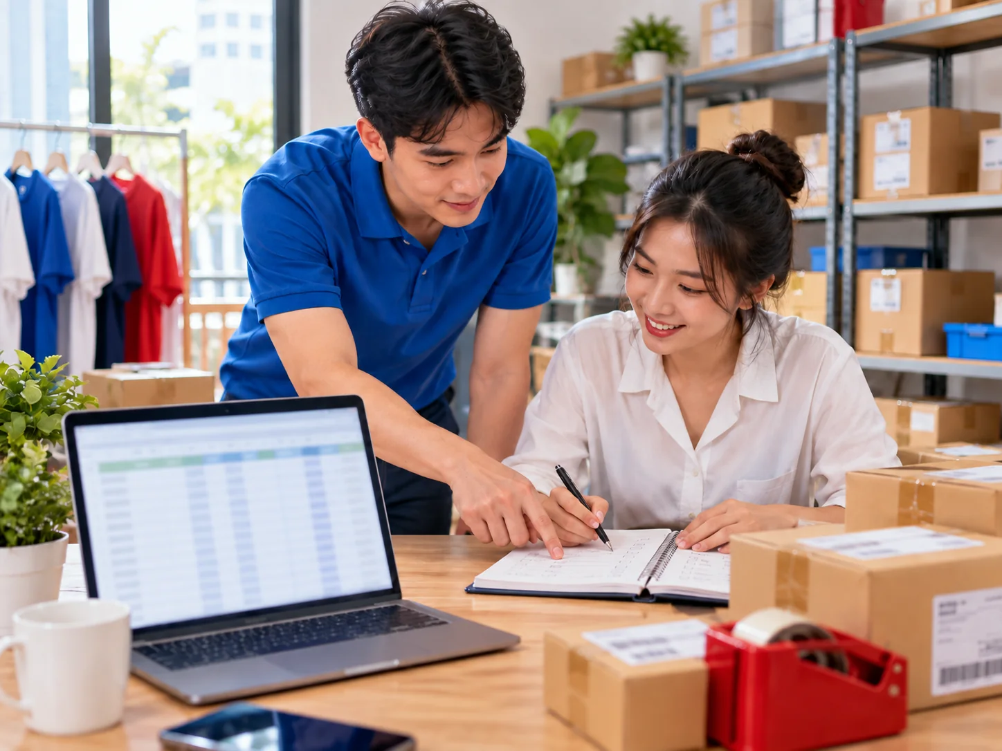 Nhân sự marketing và bán hàng đối chiếu dữ liệu quảng cáo với sổ đơn hàng
