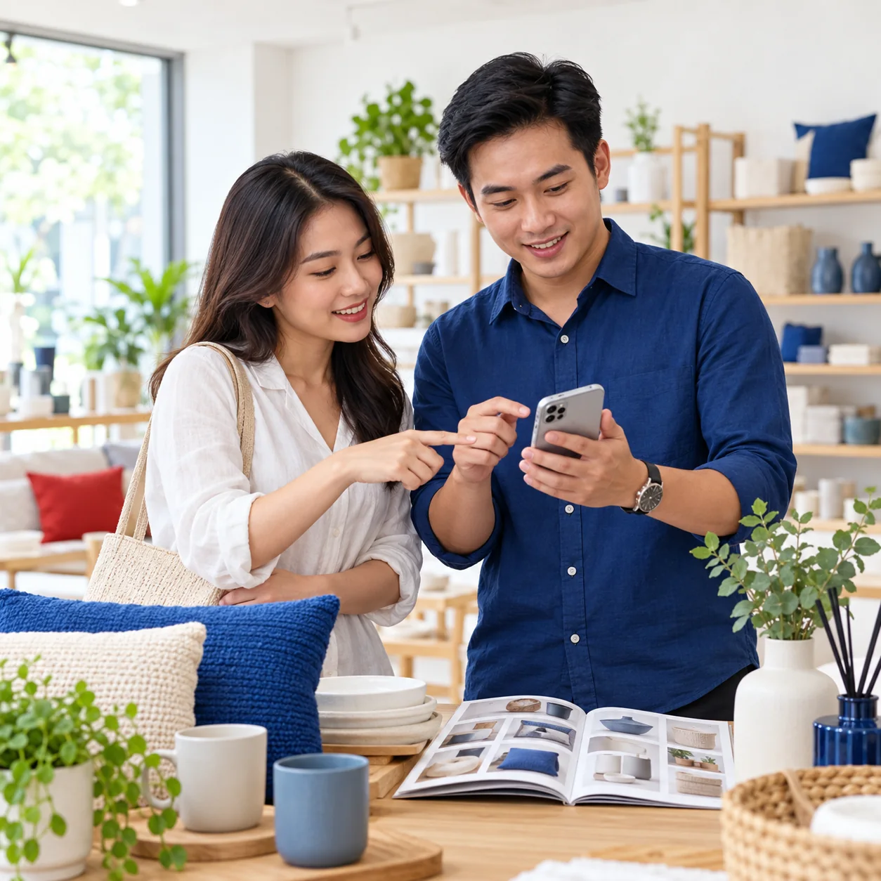 Chủ cửa hàng và nhân sự marketing xem điện thoại bên các sản phẩm thực tế