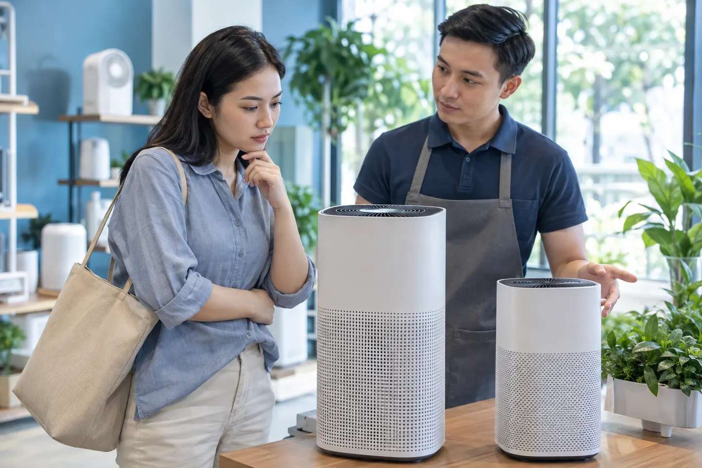 Khách hàng và nhân viên so sánh hai máy lọc không khí theo nhu cầu sử dụng