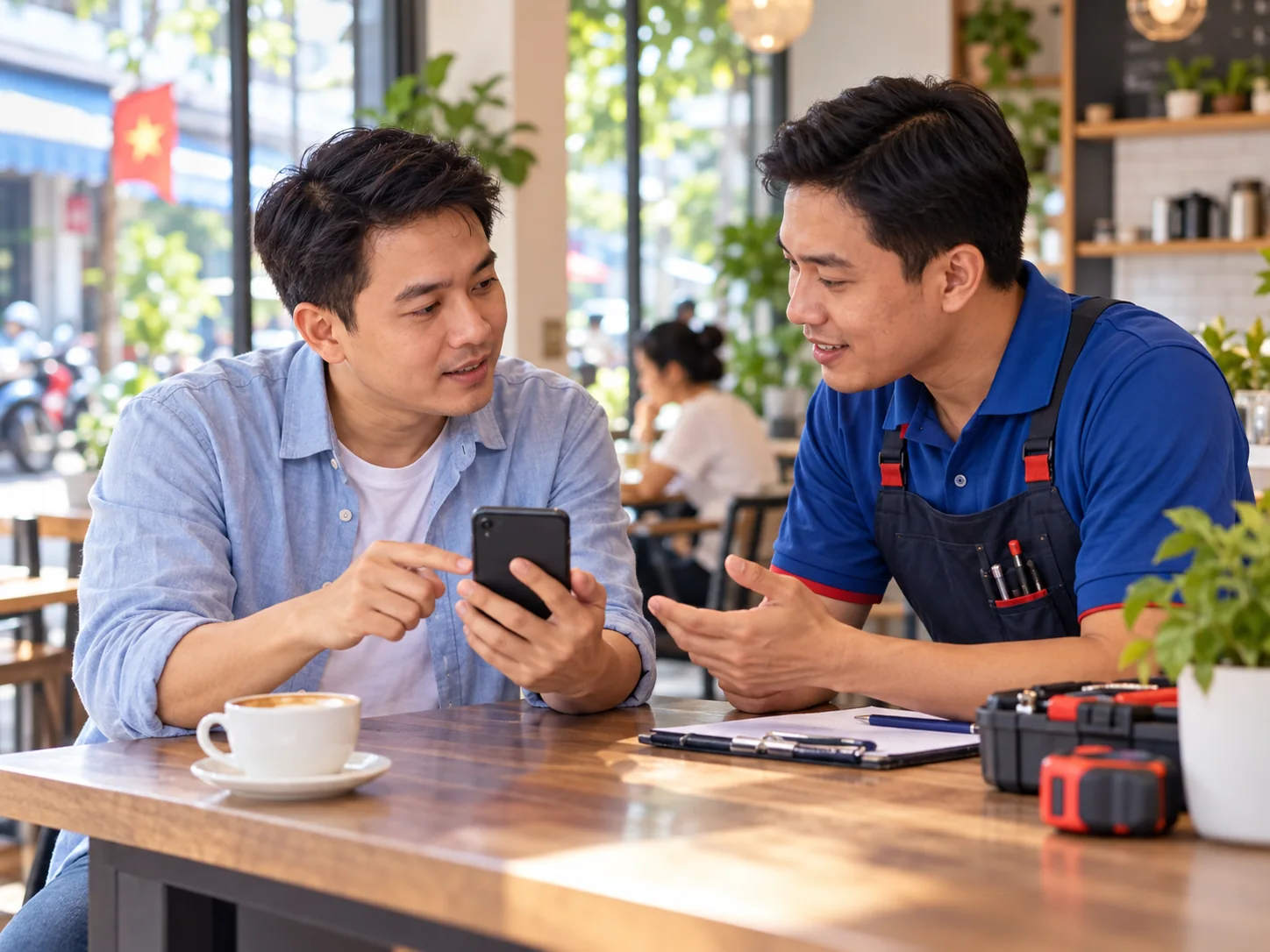 Khách xem điện thoại và trao đổi nhu cầu dịch vụ với nhân viên