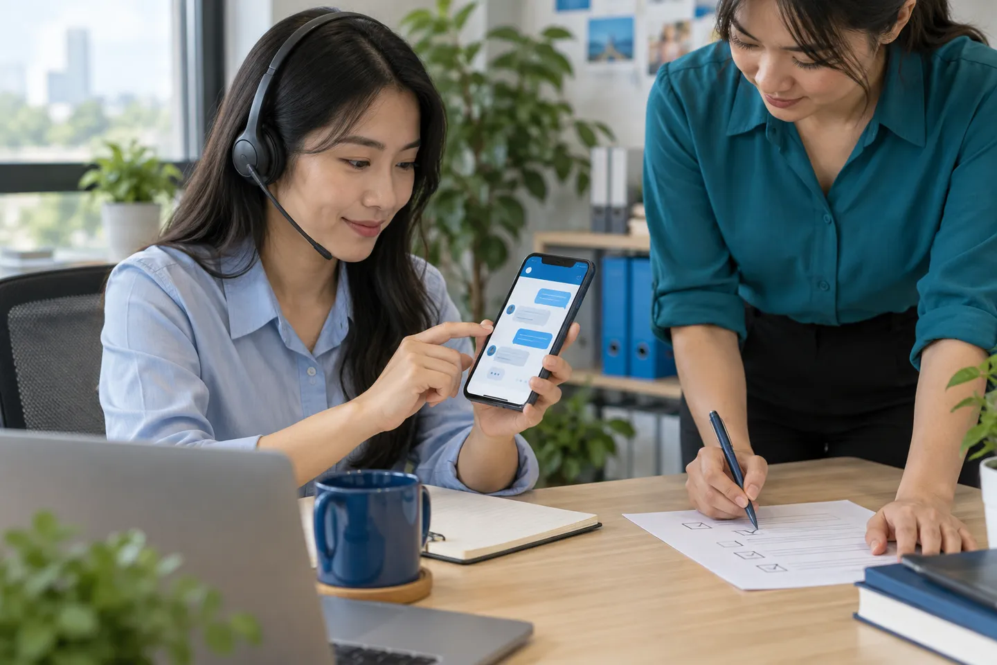 Nhân viên tư vấn đối chiếu hội thoại trên điện thoại với phiếu phân loại khách