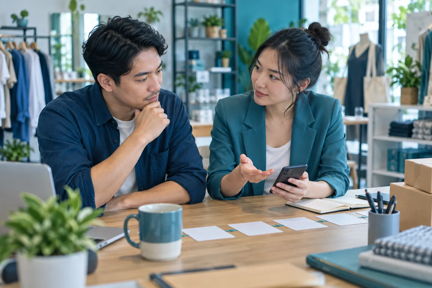 Chủ cửa hàng và người vận hành trao đổi xem nên dùng tin nhắn hay trang web