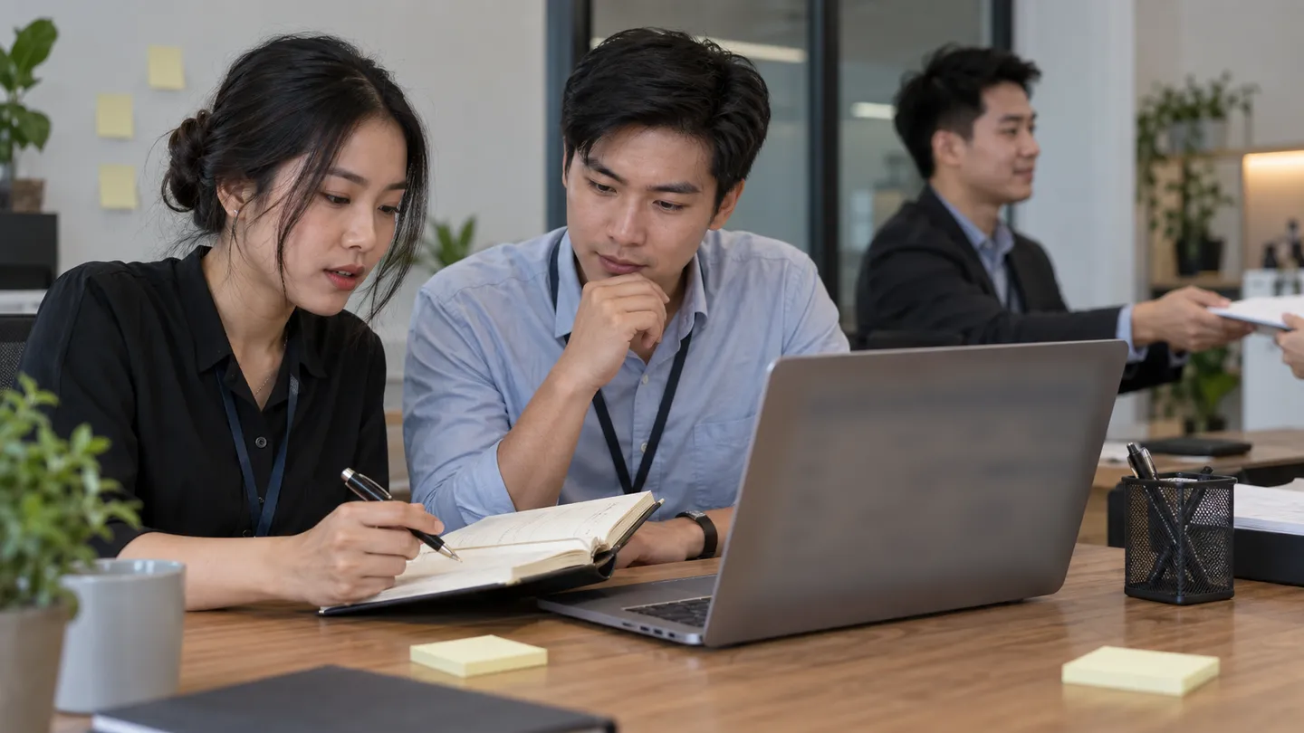 Đội bán hàng đối chiếu sổ tiếp nhận với dữ liệu liên hệ trên laptop