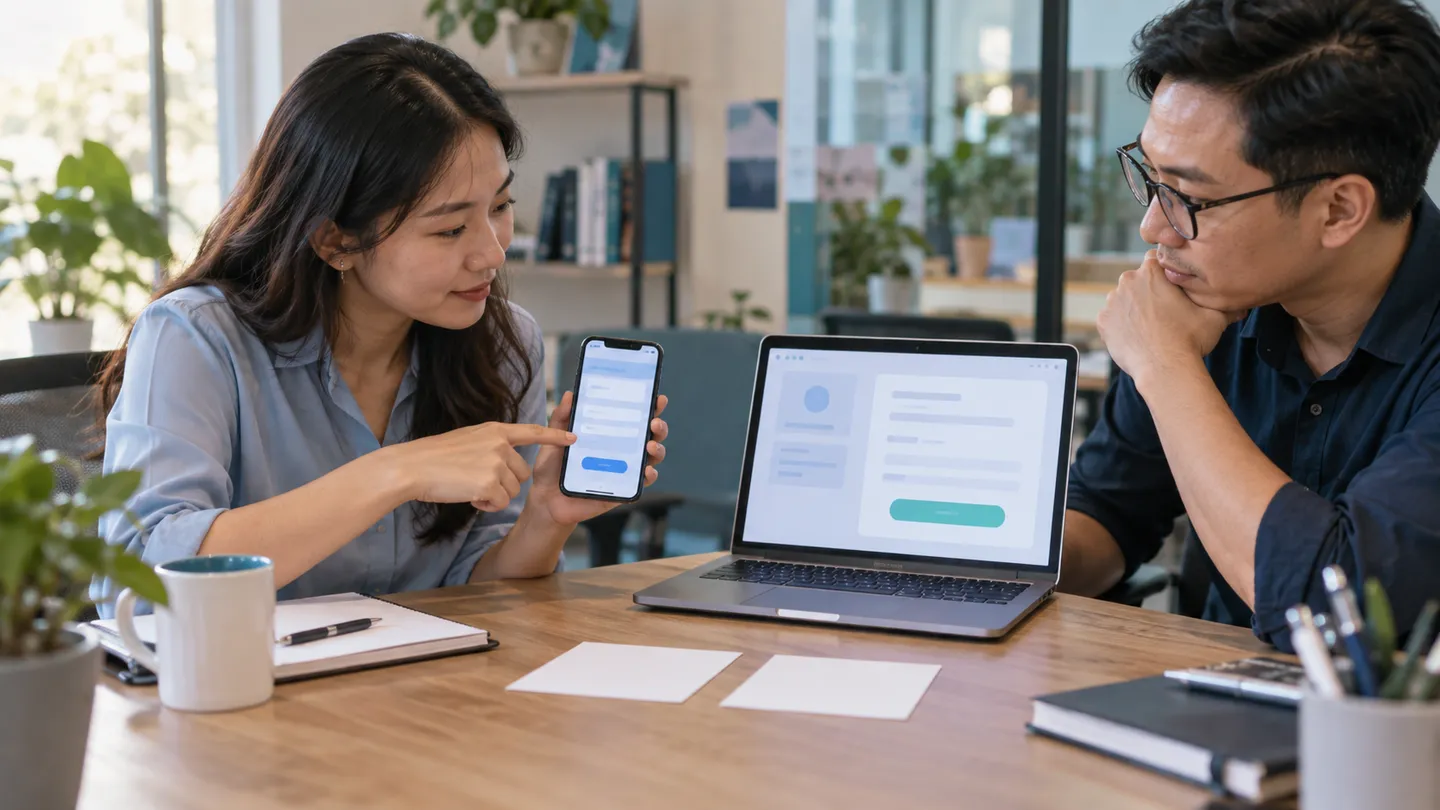 Nhân viên so sánh mẫu liên hệ trên điện thoại với trang tư vấn trên laptop