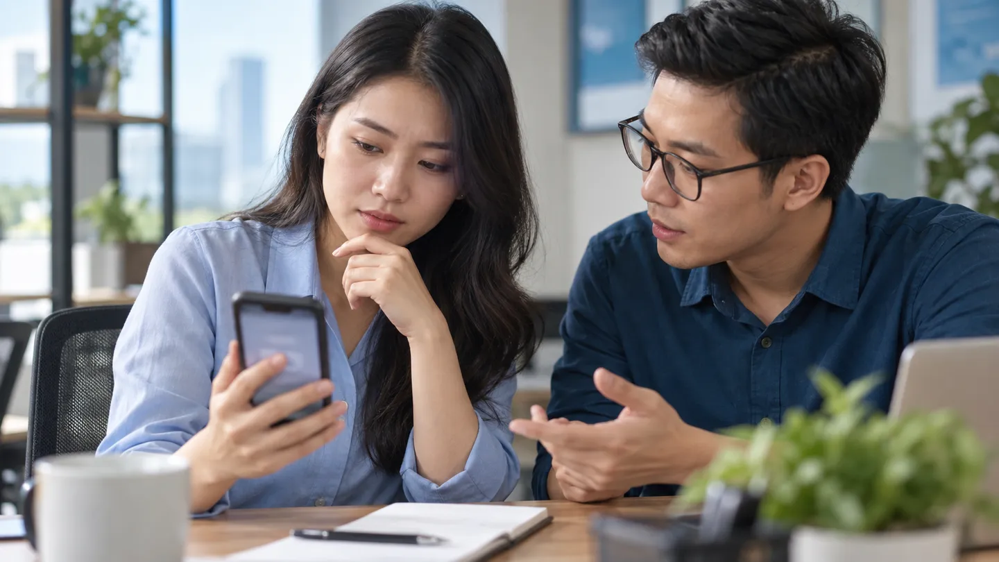 Hai nhân viên kiểm bước xác minh số điện thoại trên thiết bị di động