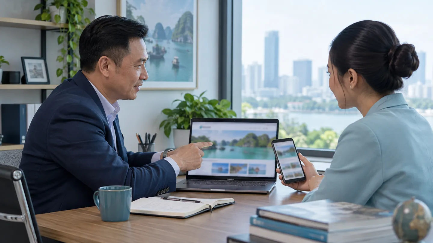 Hai nhân viên đối chiếu các nhóm câu trả lời khách hàng trên thẻ giấy