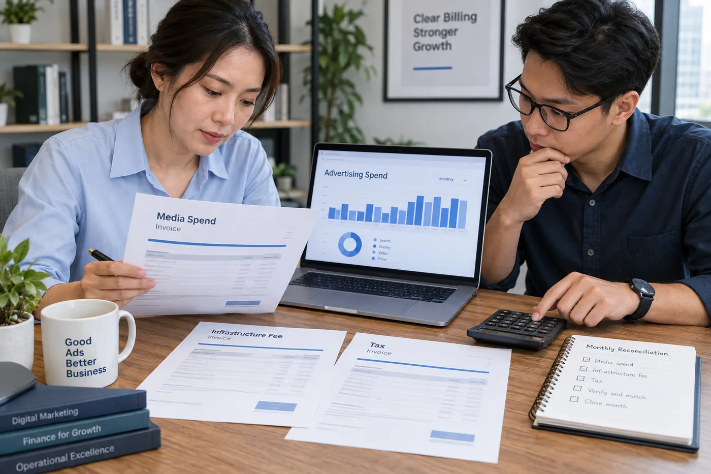 Bộ phận tài chính đối chiếu chi tiêu quảng cáo, phí hạ tầng và chứng từ