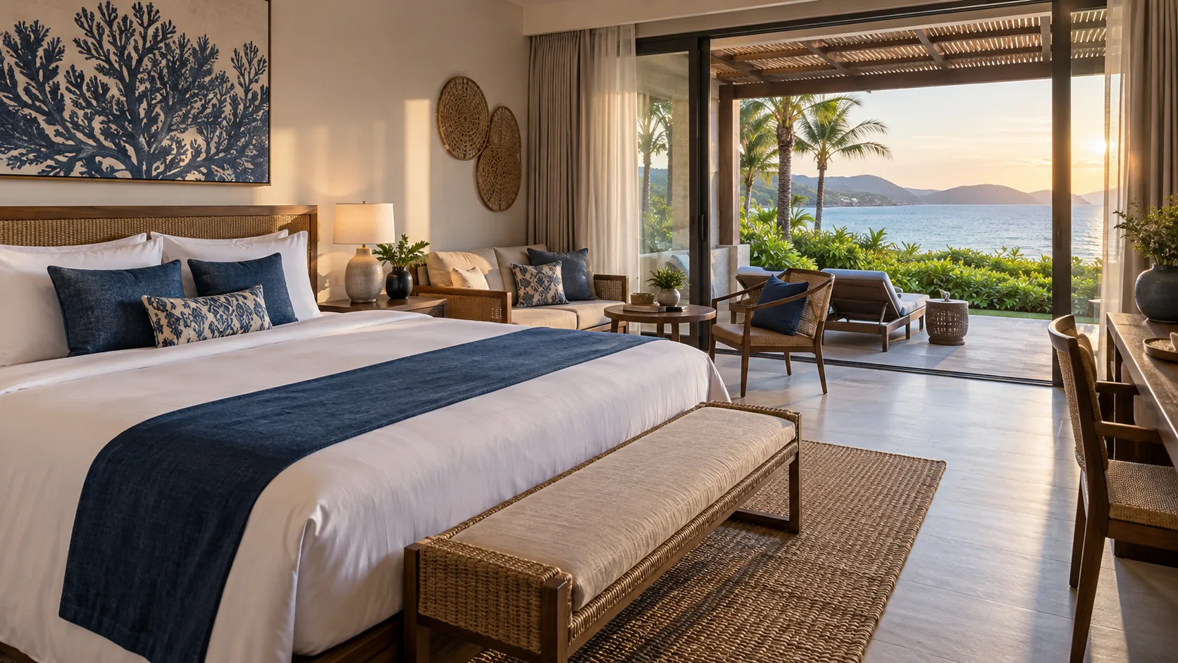 Phòng resort mở ra sân hiên nhìn về biển