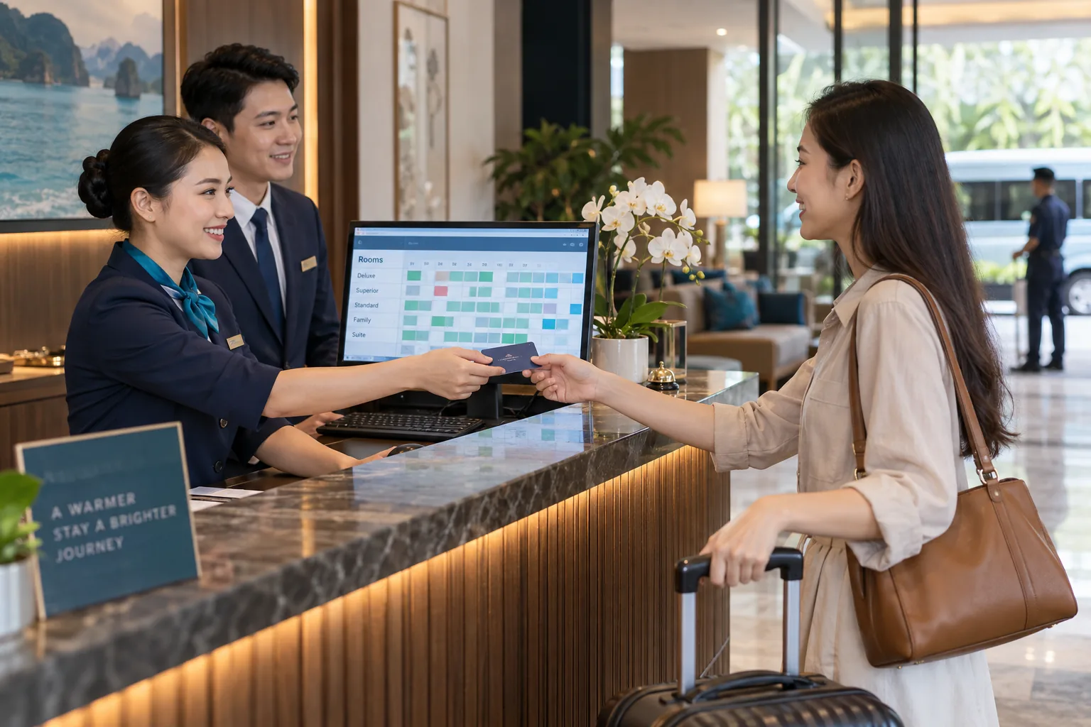Khách làm thủ tục nhận phòng tại quầy lễ tân
