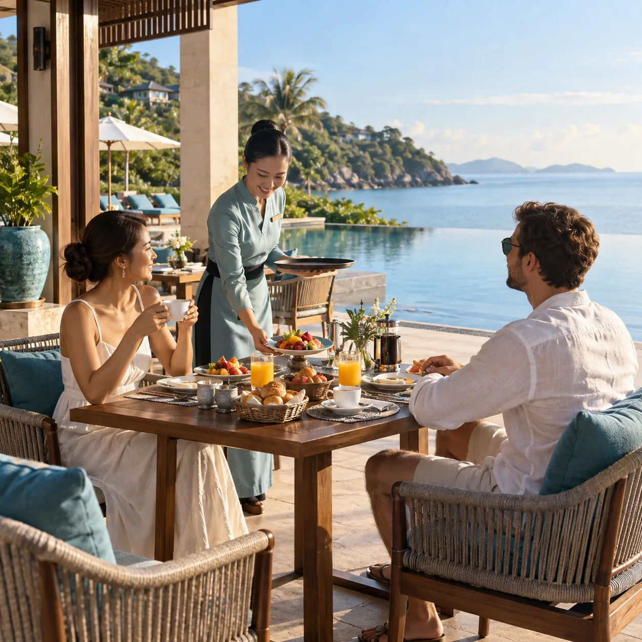 Thẻ carousel Facebook minh họa bữa sáng và hồ bơi resort