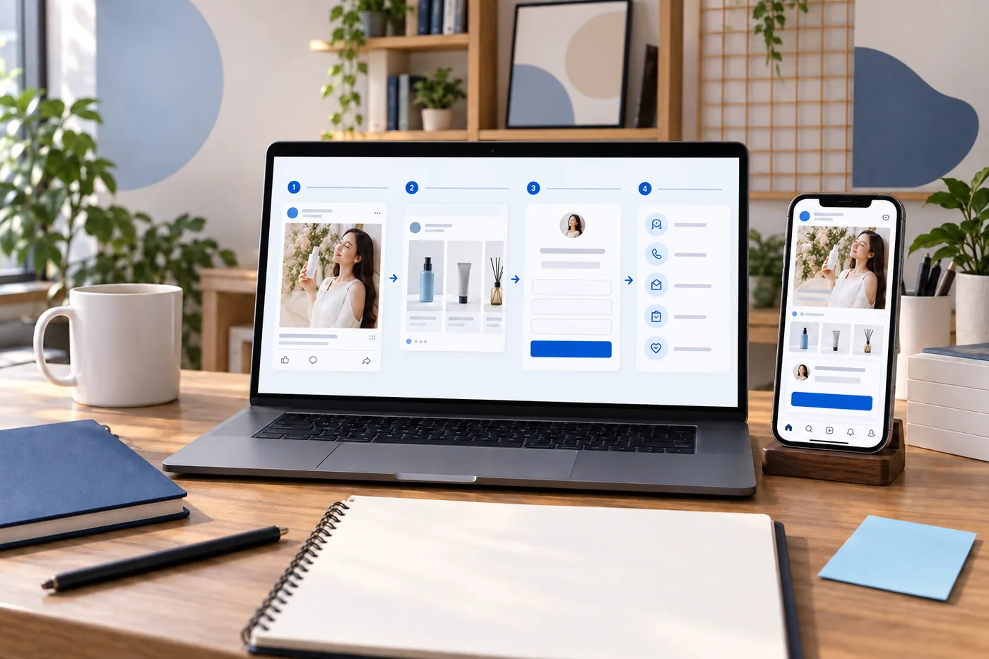 Mô phỏng quảng cáo Facebook dạng bảng tin, danh mục và biểu mẫu nhận khách