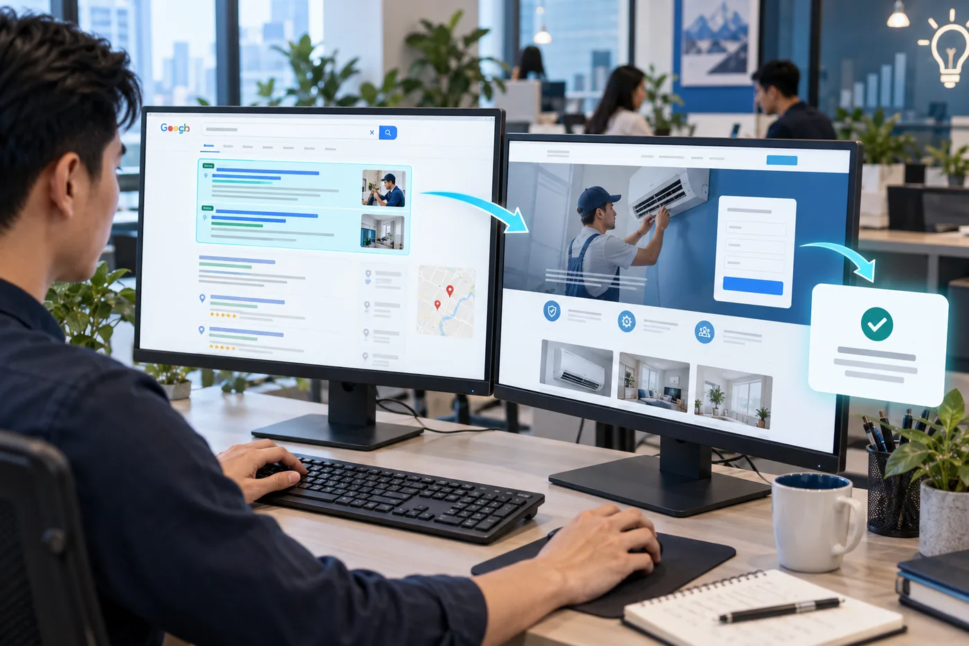 Mô phỏng quảng cáo tìm kiếm Google dẫn đến trang đích và yêu cầu tư vấn