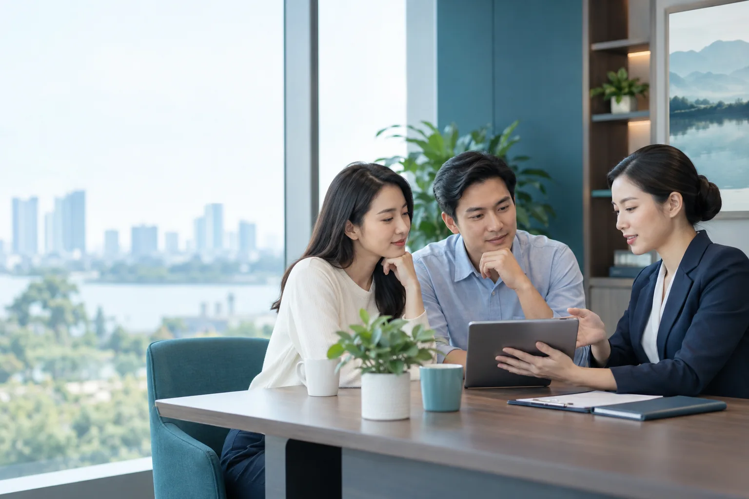 Chuyên viên bảo hiểm trao đổi các lựa chọn bảo vệ với một cặp vợ chồng