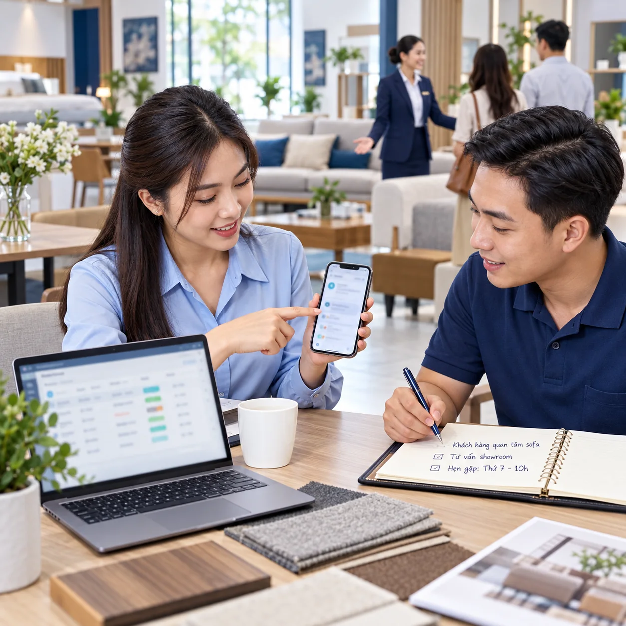 Marketing và bán hàng theo dõi yêu cầu khách tại showroom nội thất