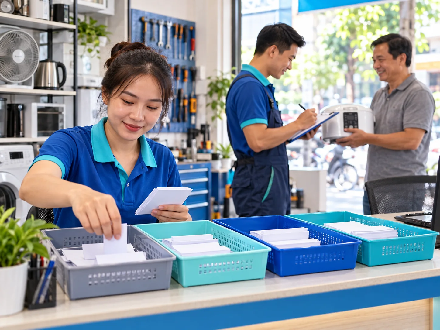 Nhân viên phân loại yêu cầu trong khi kỹ thuật viên xác nhận công việc với khách