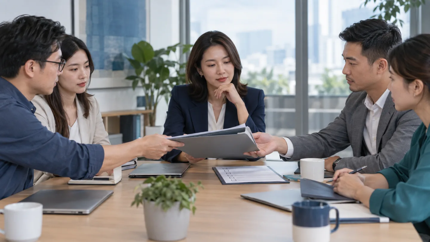 Nhóm đối tác bàn giao hồ sơ sau cuộc họp quyết định