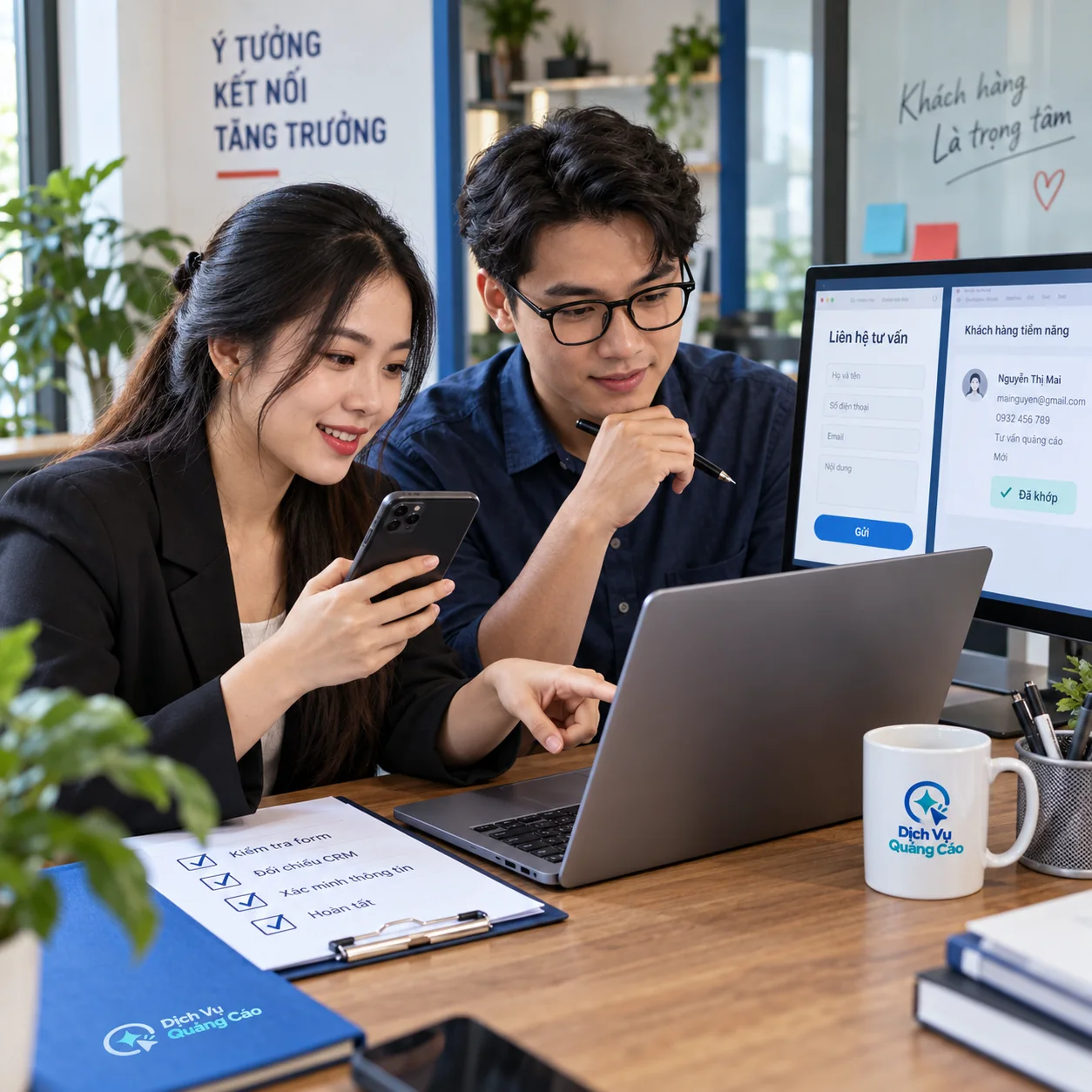 Hai nhân viên thử gửi biểu mẫu trên điện thoại rồi đối chiếu hồ sơ thử trong CRM
