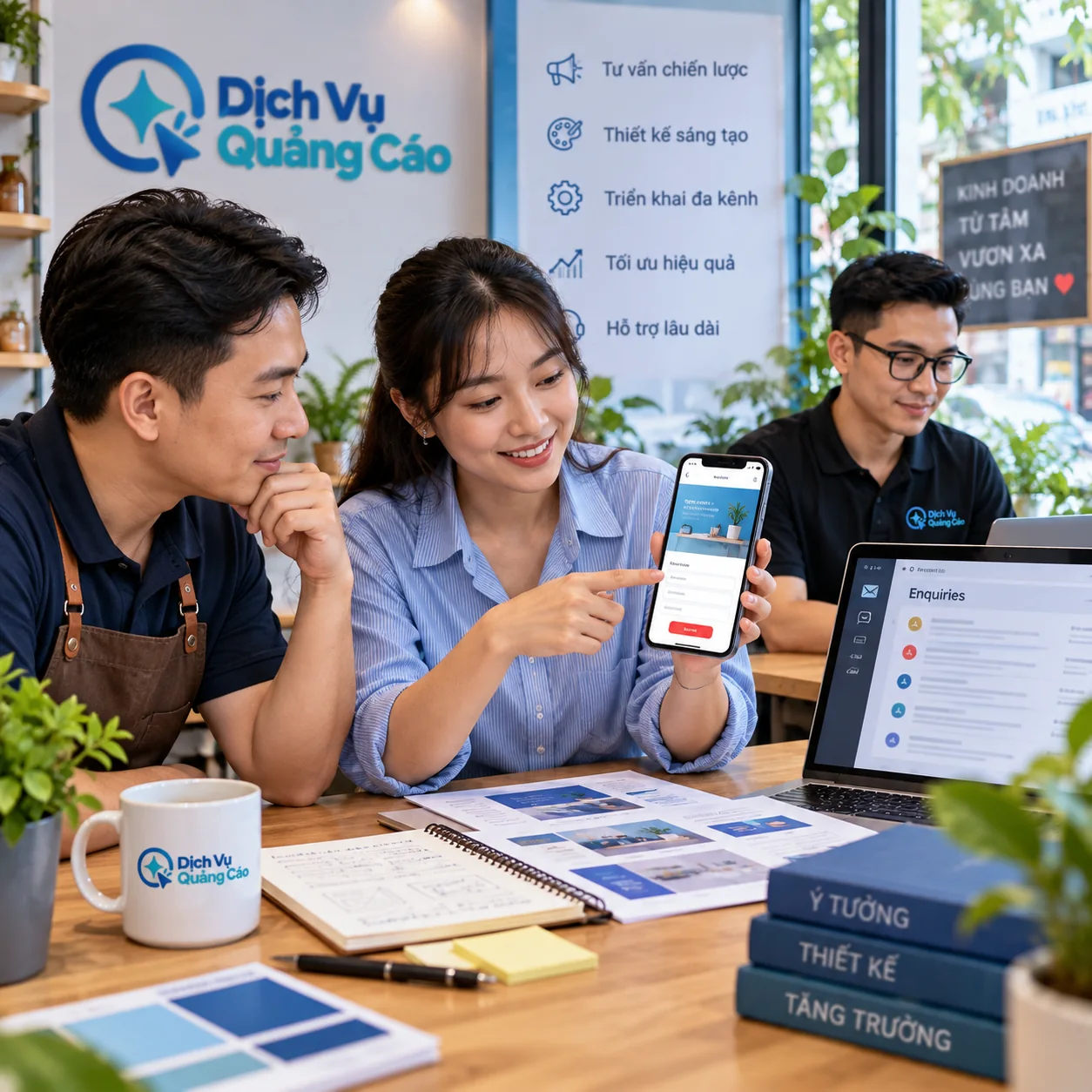 Chủ cửa hàng và người thiết kế xem trang đích trên điện thoại cùng yêu cầu khách mới