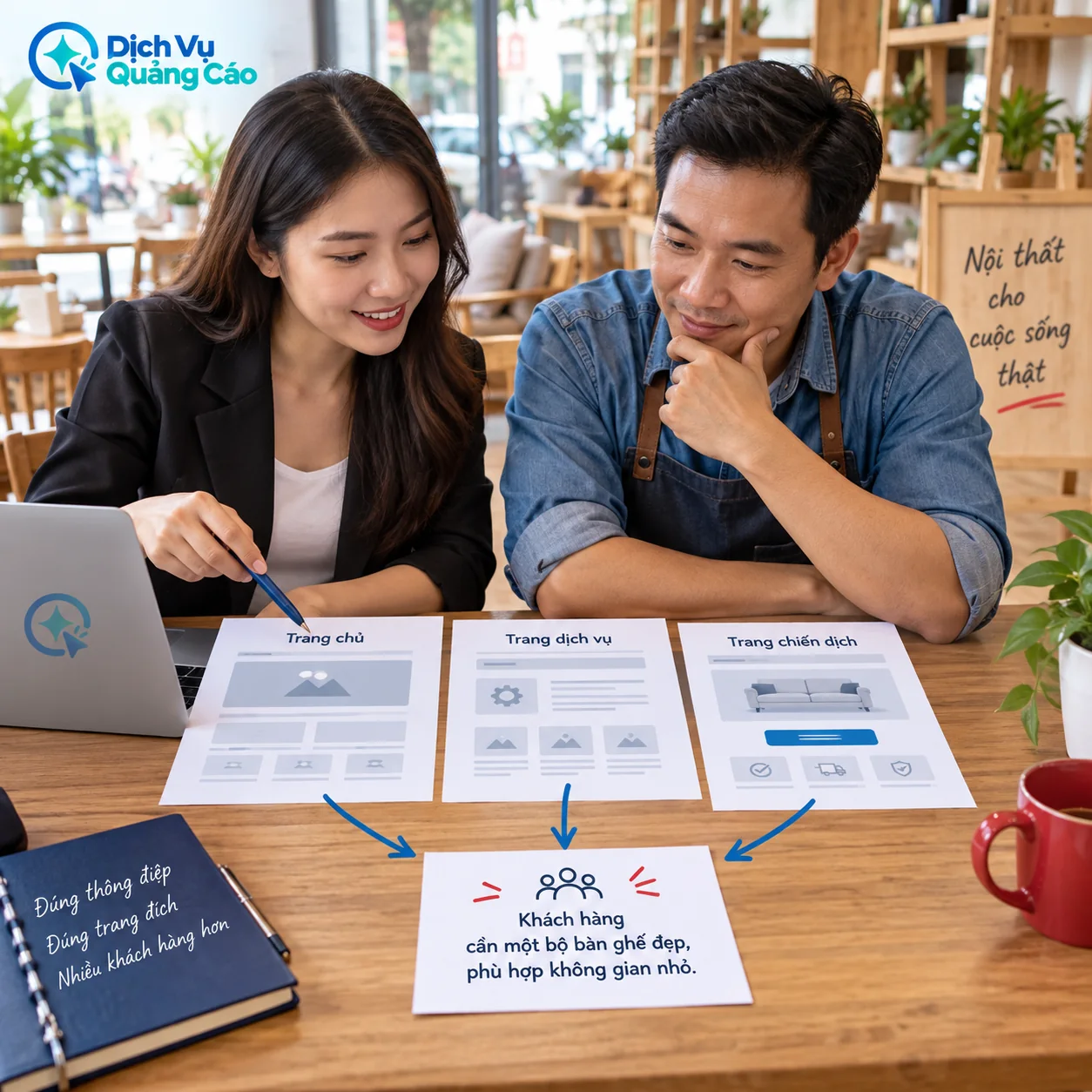 Chủ cửa hàng và marketer so ba mẫu trang chủ, trang dịch vụ và trang chiến dịch
