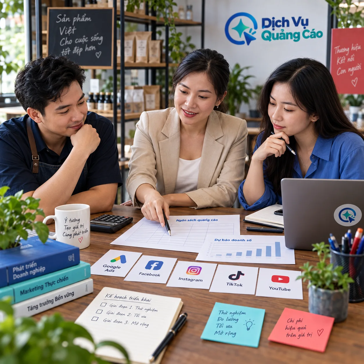 Chủ cửa hàng, người làm tài chính và marketing cùng lập kế hoạch ngân sách quảng cáo