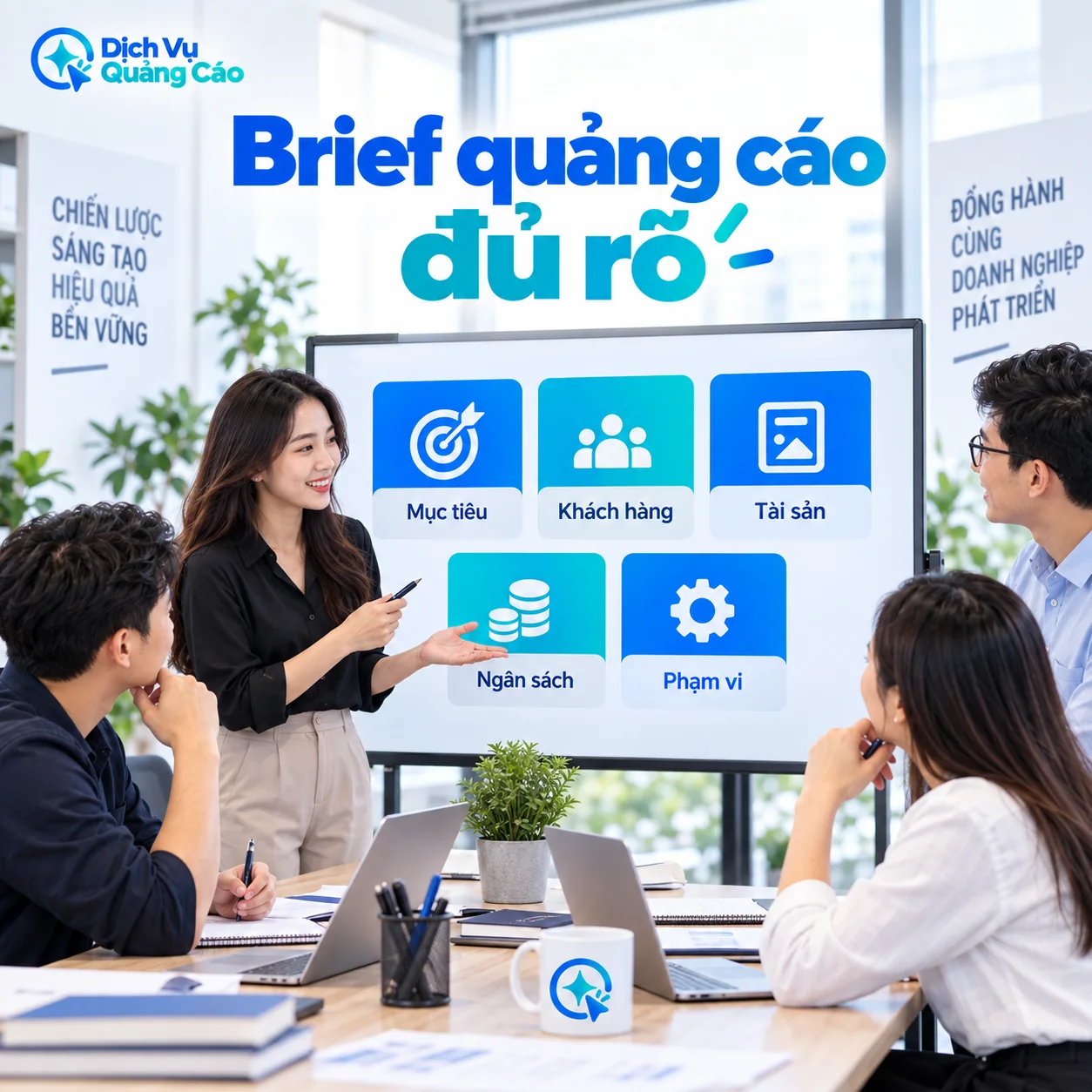 Nhóm doanh nghiệp chuẩn bị brief với mục tiêu, khách hàng, tài sản, ngân sách và phạm vi
