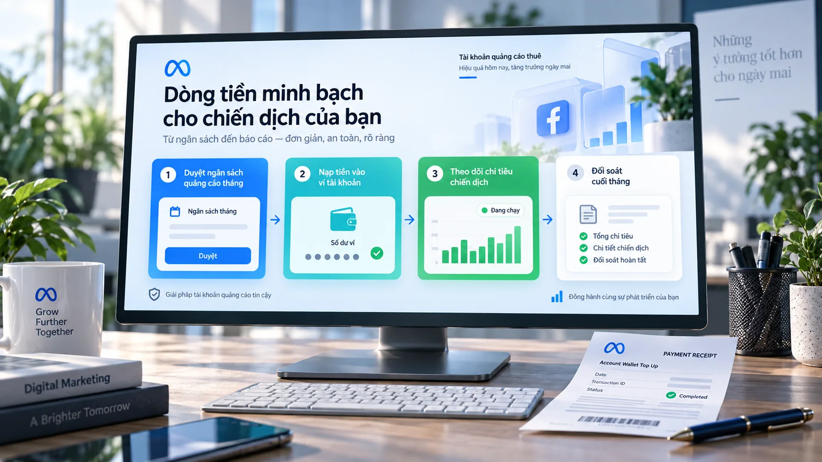 Minh họa ba dòng tiền: ngân sách Meta, phí tài khoản và thuế chứng từ